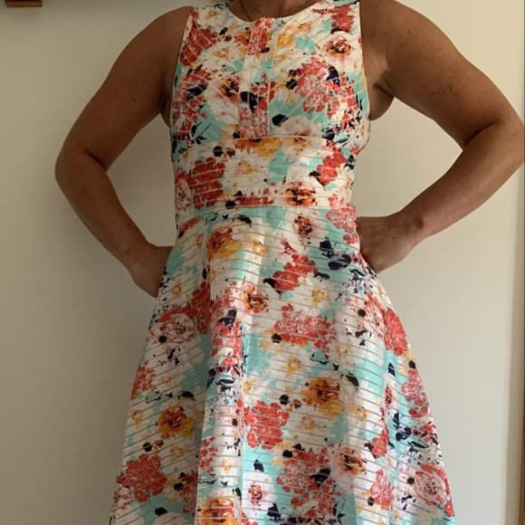 RW & Co Floral Chiffon Fit & Flare Dress with Scuba Neck - Picture 1 of 6